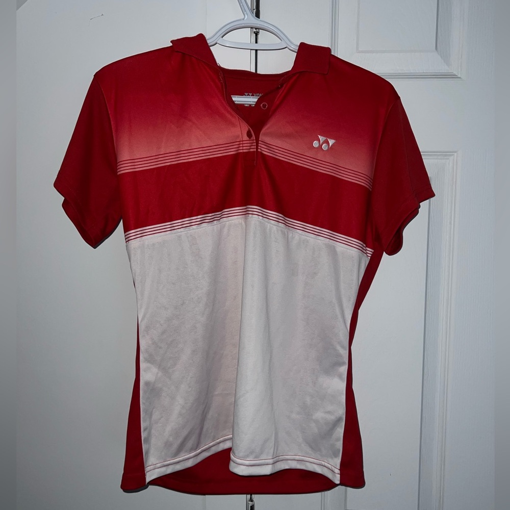 Red and white collared Yonex athletic shirt